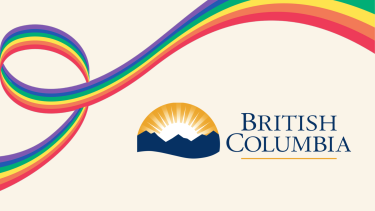 Government of BC logo with rainbow ribbon graphic flowing across image